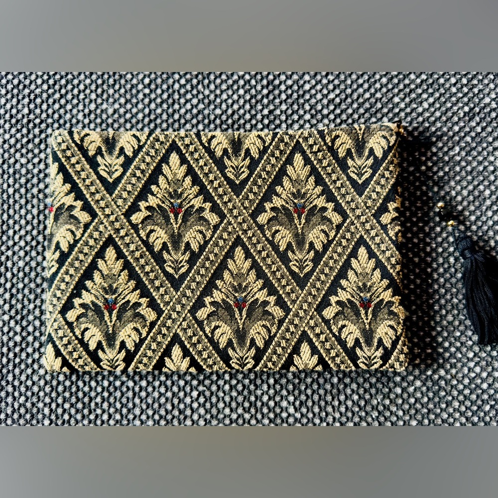 Elegant Black and Tan Jacquard Tapestry Fabric Clutch